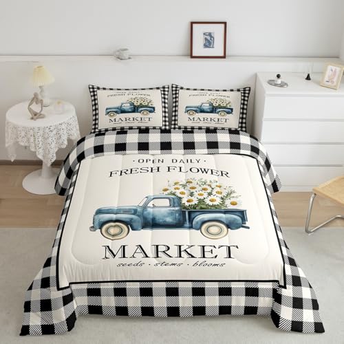 Daisy Flowers Truck Comforter Set King Size Black White Geometric Grid Bedding Set for Kids Girls Teens Boys Room Decor Spring Garden Plants Quilt Set Rustic Farmhouse Duvet Insert 3pcs