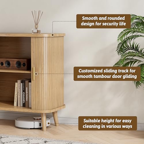 Image of BORNOON Buffet Cabinet with Storage, Curved-Edge Fluted Storage Cabinet Sideboard, Modern Black Sideboard Buffet with Adjustable Shelves & Sliding Door for Dining Room, Kitchen, Entryway (Oak)