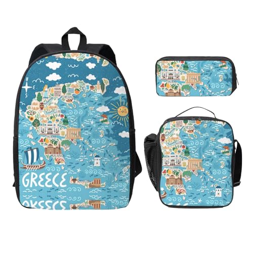 Sac à dos d'école léger imprimé carte de Grèce avec boîte à déjeuner et trousse coloris noir