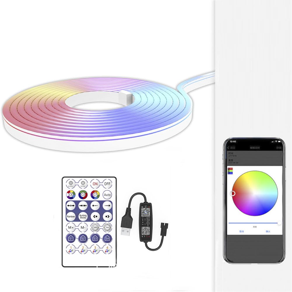 LED Neon Strip Light with Bluetooth App Control, USB Powered, Music Sync, Multiple Colors, Remote Control, Light Schedule (Bluetooth APP+2.4G Remote Control (Silicone), USB-1 Meter Set)