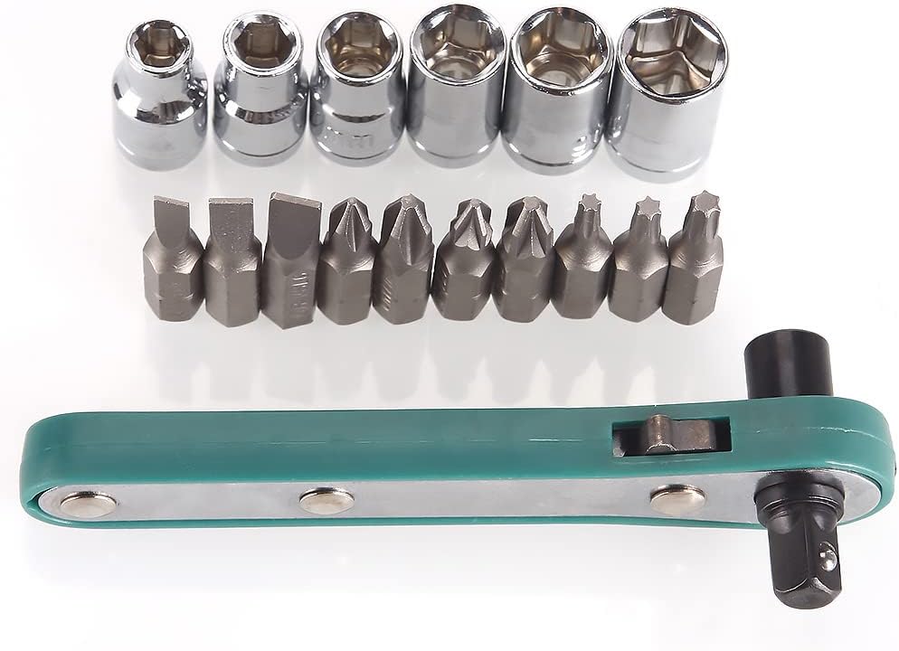 17Pcs Dual-Drive Head Mini Ratchet Wrench Screwdriver Set, Chrome Vanadium Steel, 1/4 Inch Hex Shank, 90-Degree Angle, Ideal for Small Spaces