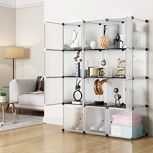 KOUSI Portable Storage Cubes-14 x14 Cube (12 Cubes)-More Stable (add Metal Panel) Cube Shelves with Doors, Modular Bookshelf Units,Clothes Storage Shelves,Room Organizer for Cubby Cube