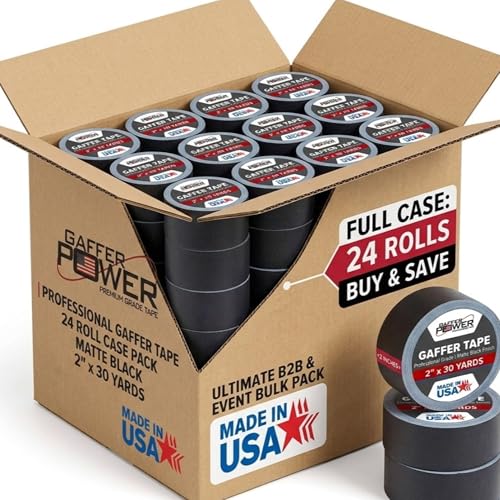 Image of Gaffer Power Black Gaffer Tape 2 inch x 30 Yards (24 Rolls) - No Residue, Bulk Case, Made in USA, Professional Grade Matte Cloth Tape for Stage, Film & Cable Management