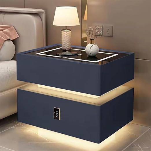 Smart Bedside Table, Led Nightstand, Smart Wooden Nightstand - Wireless Charging, Password Security Lock, 2 Drawers - Modern Bedside Table for Bedroom, Dorm (Color : Dark Blue, Size : 15.7x15.7x18.9
