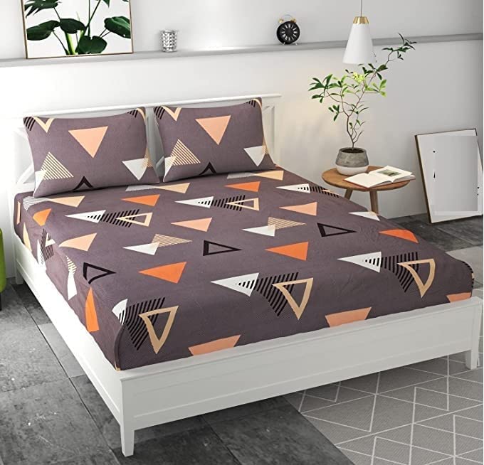 Image of KAWI King Size Glace Cotton 200 TC All Over Elastic Fitted Double Bedsheet(78 inchX72 inchX8 inch) With 2 Pillow Covers- Brown