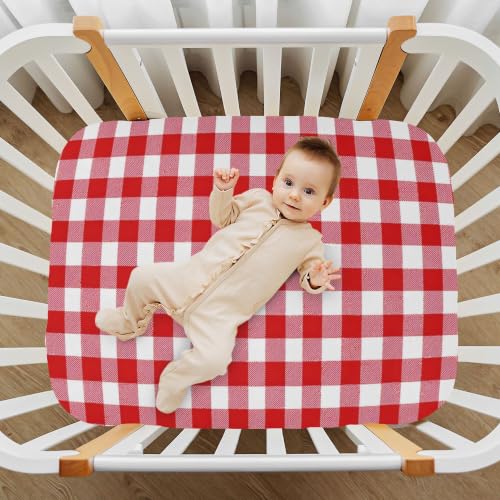 Image of Red White Gingham Plaid Crib Sheets Soft Breathable Fitted Baby Crib Sheets Mattress Cover for Girls Boys, 52 inch x 28 inch x 9 inch