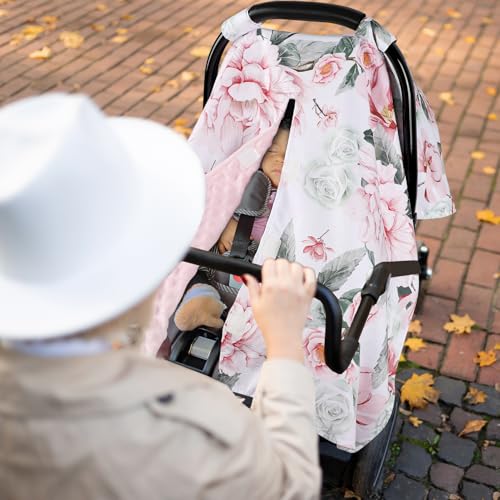 Image of Baby Car Seat Cover, Breathable Infant Carseat Cover for Summer Peekaboo Opening Car Seat Canopy Cover, Nursing Cover for Baby Boys Girls (Flower)