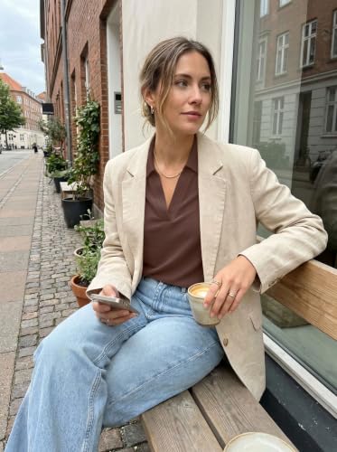 UNCLECAT Women’s V Neck Polo Shirts Long Sleeve Collared Loose Fit Solid Casual Business Fall Tunic Tops Coffee — view 2