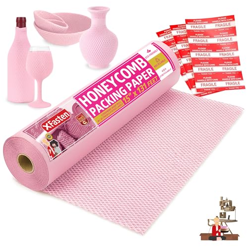 Pink Honeycomb Packing Paper for Moving 15-Inch x 131-Feet Bubble Honeycomb Wrap, Honeycomb Wrapping Paper for Packing Cushion with 30 Fragile Stickers Packing Supplies by Xfasten