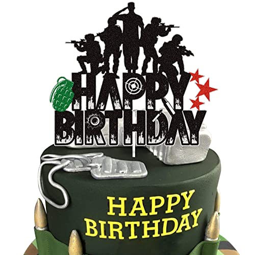 Military Happy Birthday Cake Topper Black Glitter Gun Army Soldier Fighter Veteran's Day Cake Decorations Airman Retirement Military Themed For Kids Boys Men Birthday Party Supplies #TOP21