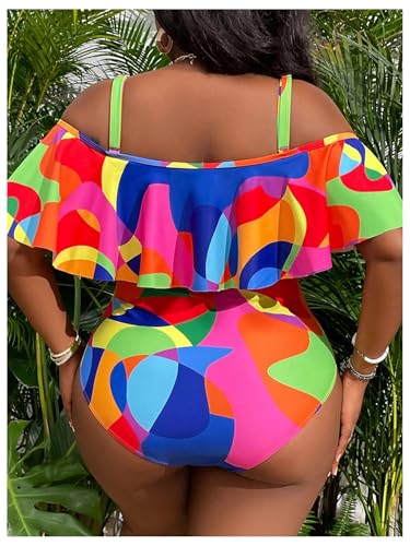 WDIRARA Women's Plus Size One Piece Swimsuit Color Block Ruffle Cold Shoulder Swimwear2