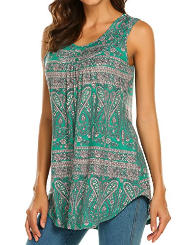 Halife Women's Paisley Printed Pleated Sleeveless Blouse Shirt Casual Flare Tunic Tank Top (Xxl, Dark Green) #TOP2
