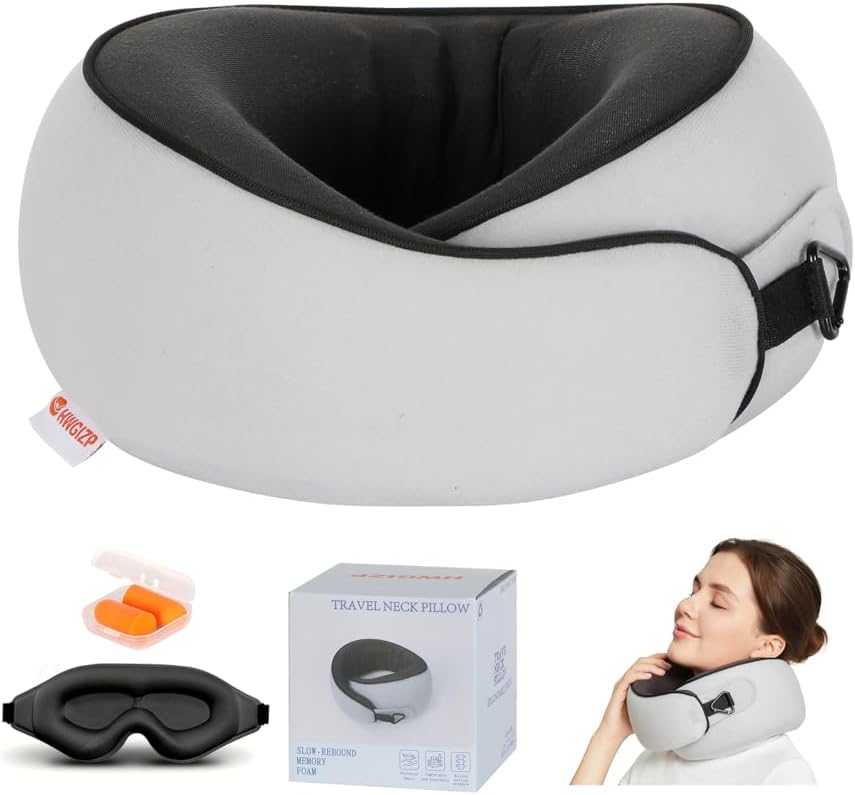 Travel Pillow, Memory Foam Neck Pillow for Sleeping, 360° Ergonomic Support Travel Neck Pillow for Flights, Portable Set with 3D Eye Mask, Washable Cover, Comfort for Airplane & Office (Pink)