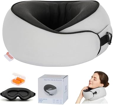 Travel Pillow, Memory Foam Neck Pillow for Airplane Sleeping, 360 Ergonomic Support Travel Pillow for Flights, Portable Set with 3D Eye Mask & Earplugs, Comfort for Plane Car Train