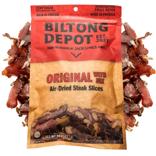 Biltong Depot Traditional Beef Biltong Slices with Fat – 8oz | Air-Dried Beef Jerky Snack | High Protein | Sugar Free | Keto & Paleo Friendly | Gluten Free | No MSG