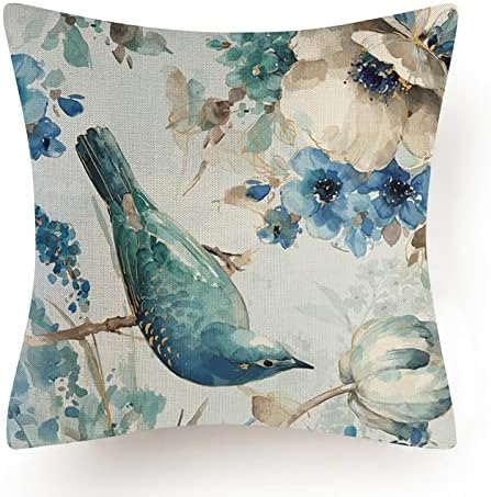OCEUMACO Linen Cushion Covers 45 x 45 cm for Sofa Set of 4 Square Floral Teal Throw Pillow Cases 18x18 Inches Outdoor Flowers Birds Cushion Cover Pack for Home Decor - Duck Egg Blue