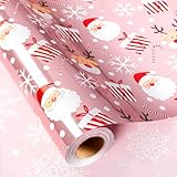 Burymento Christmas Wrapping Paper, Reversible Pink Snowflake, Reindeer, Santa Claus, Candy Cane Design Gift Wrapping Paper Suitable for Christmas, Mini Roll (17 Inch X 32.8 Feet)