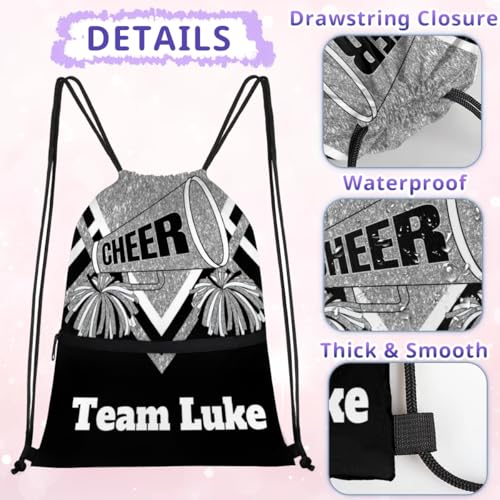 Drawstring Backpack with Name, Cheerleading Competition Drawstring Gym Bags Drawstring Beach Bag for Dance Gym Sports Travel, Silver Glittering Black Cheer Team3