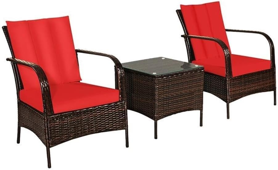 Pemberly Row 3-Piece Rattan Patio Furniture Set, Mix Brown, Red Cushions, Includes 2 Chairs 25.5"x28.8"x33.5", Tempered Glass-Top Table 19.5"x19.5"x19.5", Weather-Resistant Steel Frame, Outdoor Use