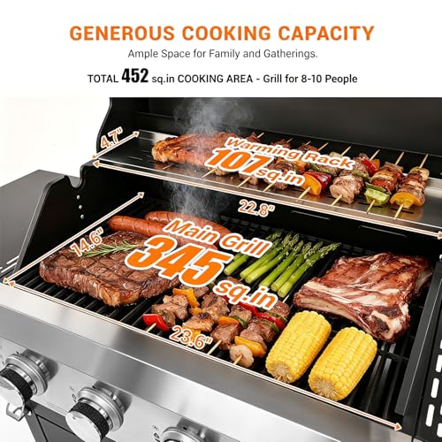 Image of EUHOME Upgraded 51,000 BTU 4-Burner Propane Gas Grill with Side Burner - Large 452 sq.in Porcelain-Enameled Cast Iron Grates, Stainless Steel Body, 4 Swivel Casters for Backyard Patio & Tailgating