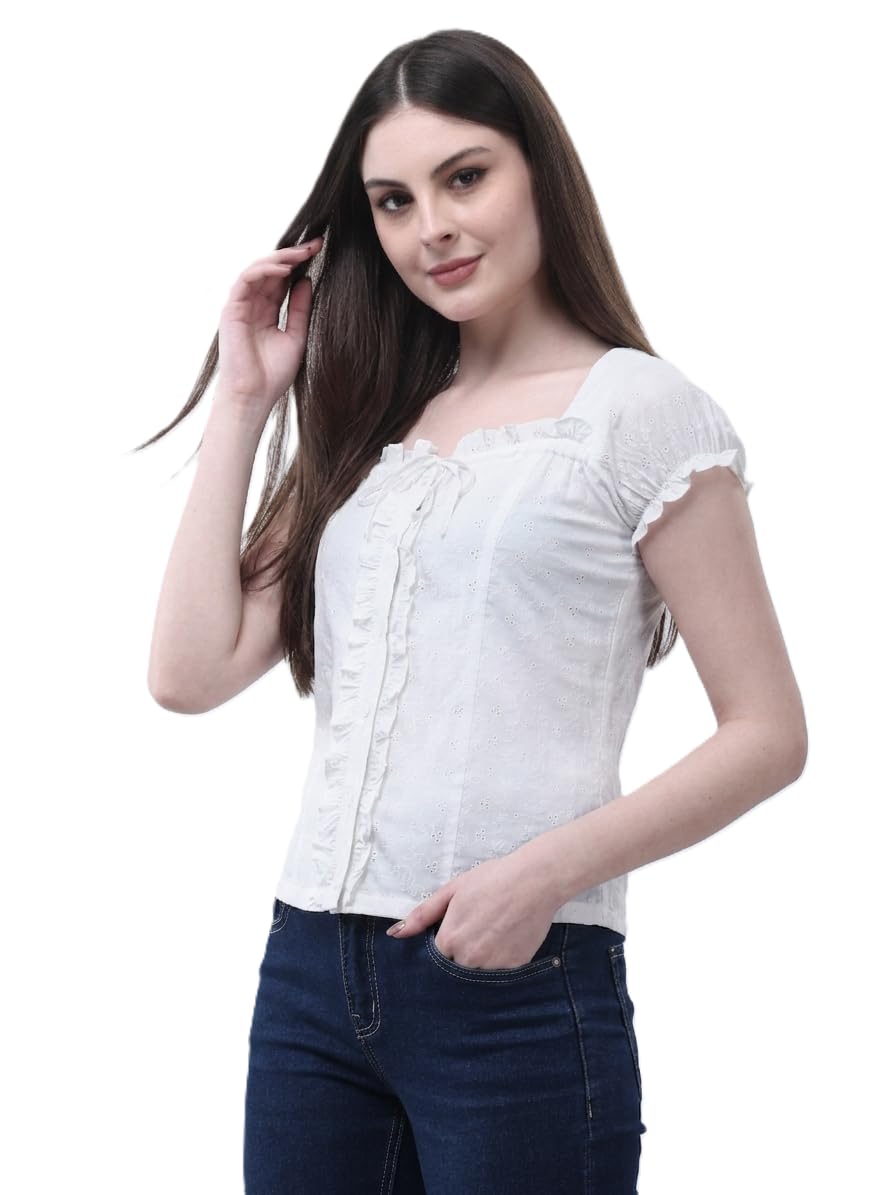 Women's White Eyelet Embroidery Square Neck Ruffle Top-picture-35