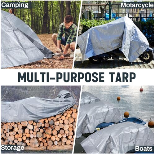 Image of 1 Pack Silver Tarps 6 x 8 ft, 5.5 Mil Waterproof Reflective Tarps, UV Resistant Sun Shade Tarp, Heavy Duty Roof Tarp for Roof Protection, Boat Cover, Rv Cover, Cars, Patio Furniture, Camping