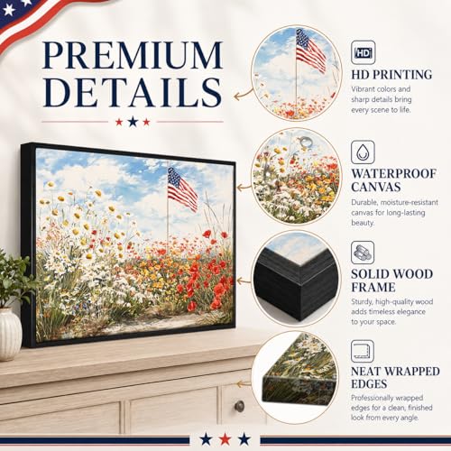 Image of American Flag Framed Canvas Wall Art, 4th of July Floral Canvas Prints, Wildflower Landscape Patriotic Decorations, Vintage Rustic Independence Day Wall Decor for Bedroom Living Room Office 8x10