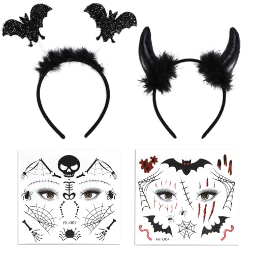 MELLIEX 2 Stück Halloween Haarreif, Fledermaus Teufelshörner Haarreifen mit 2 Stück Halloween Temporäre Tattoo Gesicht für Halloween Schminke Karneval Cosplay