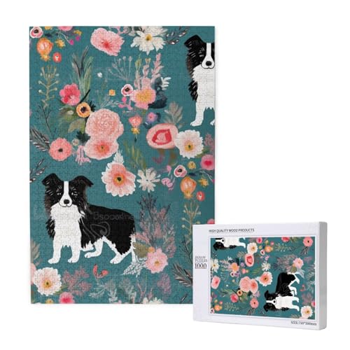 Border Collie Puzzle imprimé floral avec boîte de rangement – Puzzle en bois pour adultes et enfants – 1000 pièces – Jeu décoratif amusant en famille