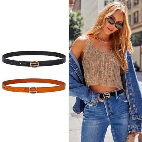 Image of Women's Fashion Classic Metal Buckle Leather Belt with Jeans Dress
