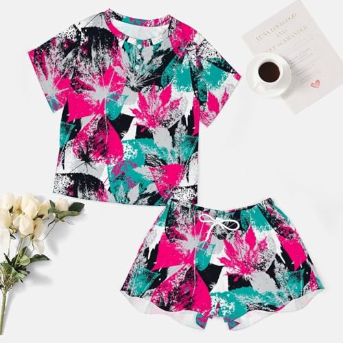 Pyjama pour femme manches courtes fleurs feuilles sleepwear été confortable
