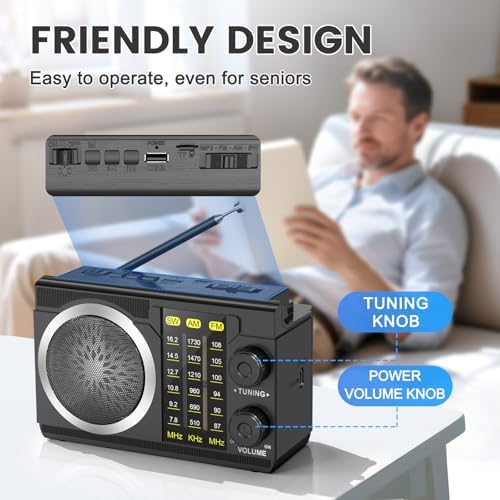PRUNUS J-135 AM FM Radio Portable Bluetooth, Solar/AA Battery Operated/USB-C Rechargeable for Emergency, Transistor Radios with Flashlight,Support TF Card/USB Playing, Large Knob Easy to Use — view 6