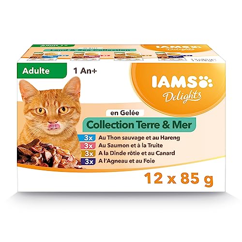 IAMS Chat Adulte Nourriture Humide en gelée Terre&Mer Land&Sea Collection 12 sachets x 85g