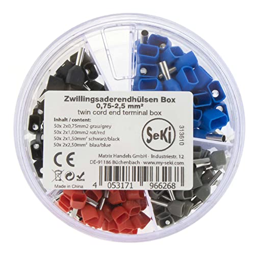 SeKi 313610 Zwillingsaderendhülsen Sortiment Streudose isoliert 200-teilig 0,75-2,5mm² (50x 2x0,75mm² grau, 00mm² rot, 50x 2x1,50mm² schwarz, 50x 2x2,5mm² blau) Aderendhülsen Cover