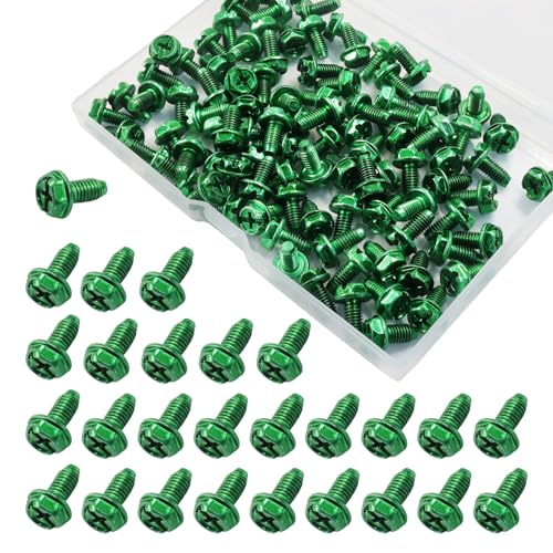 Kyuionty 100 Pcs Green Grounding Screws 10#-32 x 3/8 Inch Combo Electrical Screws Slotted Hex Washer Head for Electrical Junction Box Metal Outlet Switch Boxes