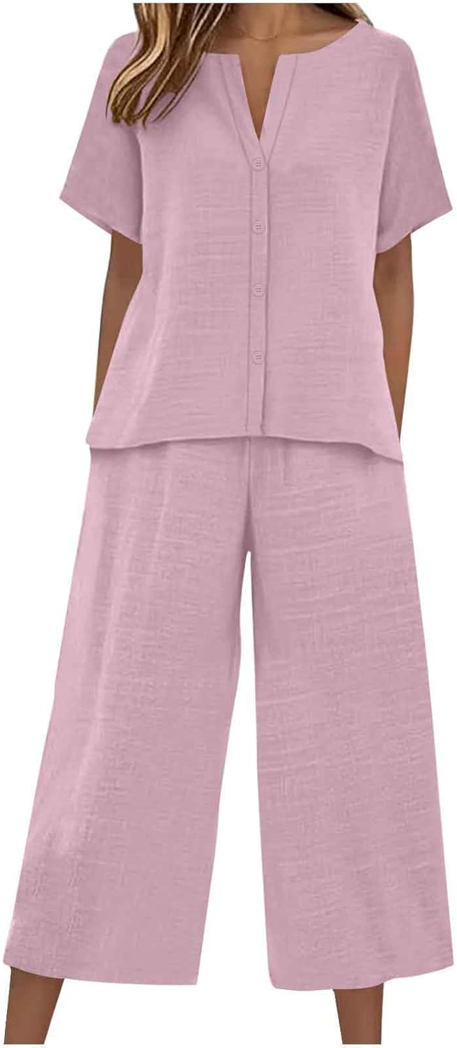 Linen Sets for Women 2 Piece Summer Capri Outfits Button Down Shirts and Palazzo Capri Sets Casual Travel Outfits
