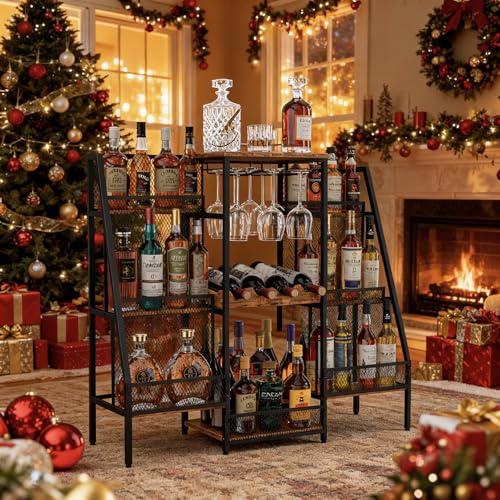 Hayexiha 6-Tier (Safe Height for Kids & Pets) Freestanding Wine Rack with Glass Holders & Fences, Large Bar Cabinet for Home, Liquor Stand for Wine Bottles, Christmas & Holiday Party Wine Shelf