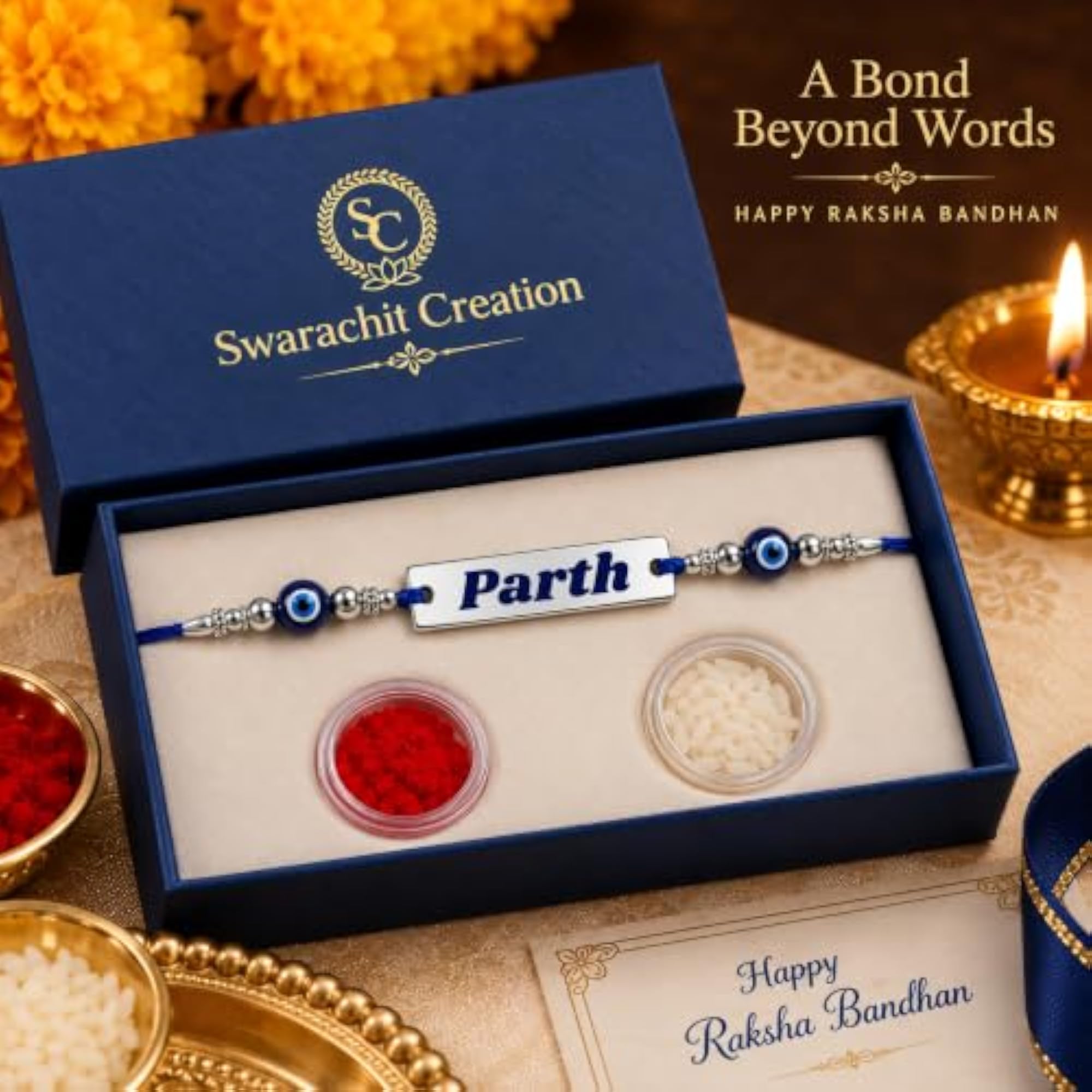 Personalized Silver Rakhi for Brother with Evil Eye Beads