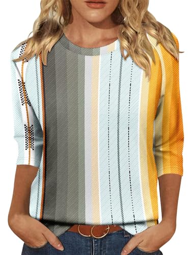 KISSMODA Tunic Tops for Women Loose Fit Dressy Round Neck Pleated 3/4 Length Sleeve Spring Tops