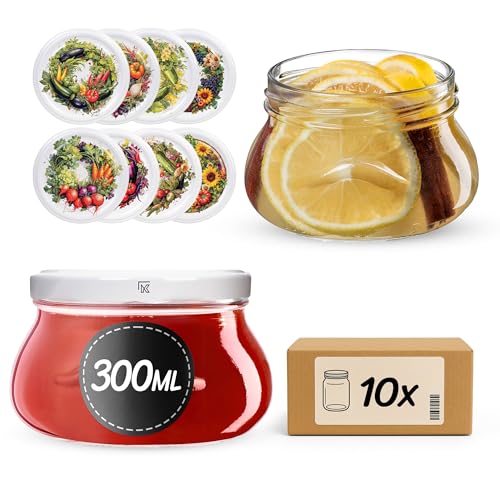 KADAX Tarros de mermelada de 300 ml con tapa de rosca fi82 mm, tarros pequeños para miel y especias, tarros de mermelada con tapa, tarros herméticos para regalar (huerto, 10 unidades)
