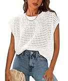 PRETTYGARDEN Womens Spring Tops 2025 Summer Shirts Crochet Cap Sleeve Sweater Pullover Cute Beach Vacation Clothes(White,Small)