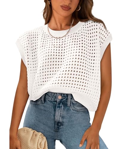 PRETTYGARDEN Womens Spring Tops 2025 Summer Shirts Crochet Cap Sleeve