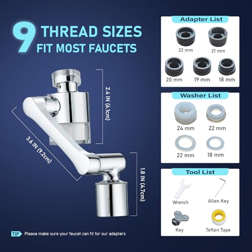 ATQ Water Filter for Sink Faucet Extender Aerator, Reduce Chlorine 1080° Rotating 2 Modes Spray Attachment for kitchen/Bathroom/Toddlers, 9pcs Filter (Aerator1080)