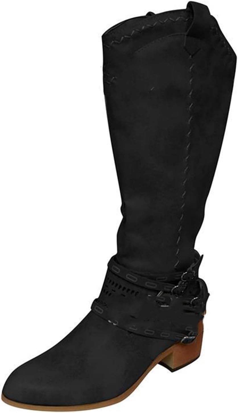 Ladmiple Cowgirl Boots Women Wide Calf Knee High Cowboy Western Boots Ladies Pointy Toe Fashion Chunky Heel Boot Pull-On