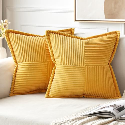 MIULEE Golden Yellow Corduroy Pillow Covers 20x20 Inch with Splicing Set of 2 Soft Boho Striped Pillow Covers Broadside Decorative Textured Summer Pillowcases for Couch Cushion Bed Livingroom