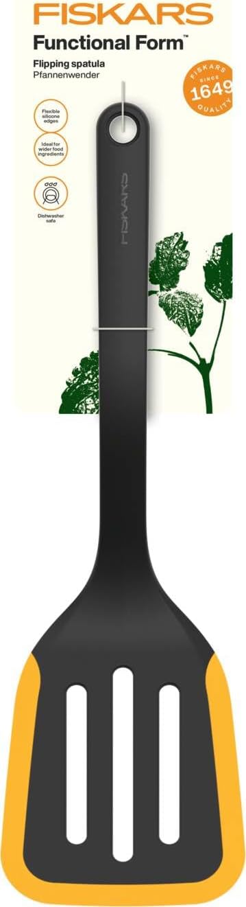 Fiskars Functional Form 1079964 Spatula, Flexible Spatula for Omelets and Pancakes, Integrated Shelf, Heat Resistant up to 220°C, Length 29.5 cm, Plastic/Silicone, Black/Orange