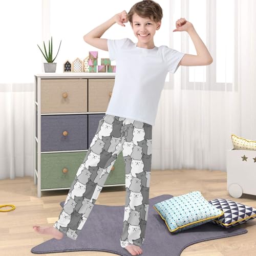 Boy's Pj Pants Dark Grey White Cartoon Cat Lounge Bottoms Elastic Waist Kids Joggers with Pockets Size 6-144