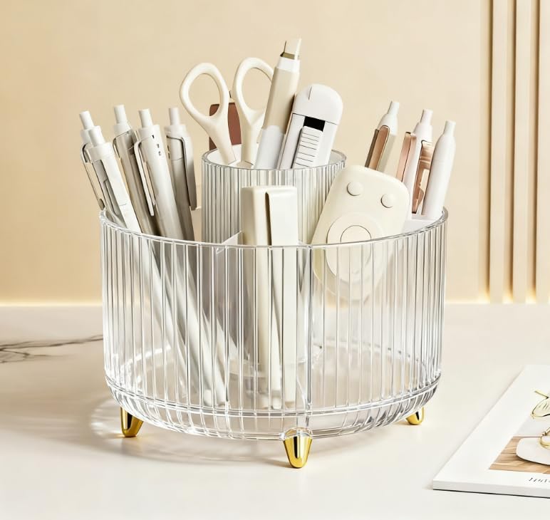 360 Degree Rotating Desktop Organizer,Makeup Brushes,Pencils,Desktop Stationery Storage Rotating Rack,Premium Plastic Organizer For Office,School And Home (Transparent color) image 5
