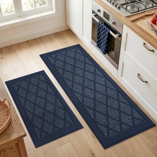 COSY HOMEER Kitchen Mats, 2 PCS Kitchen Rug Non Slip Washable, Absorbent Runner Rugs for Kitchen Floor, 100% Polypropylene Kitchen Sink Rug 20"x32" + 20"x48"(Blue)