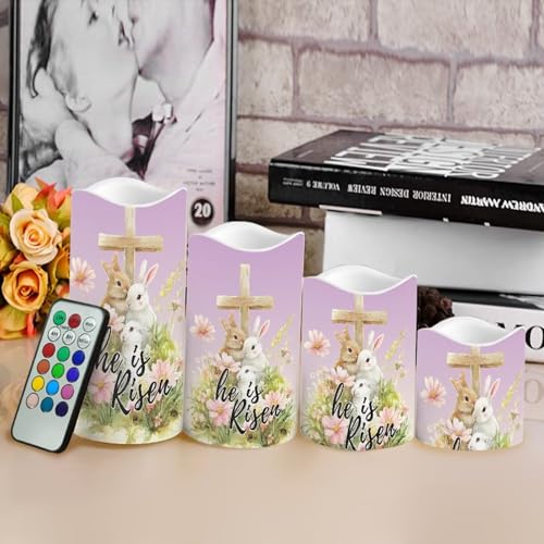 Image of Bunny and Cross Plastic Flameless Candles with Remote Control and Timer LED Flickering Battery Operated Color Changing Electric Pillar Candles Easter Decoration